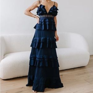 Navy Blue Ruffle Tiered Gown